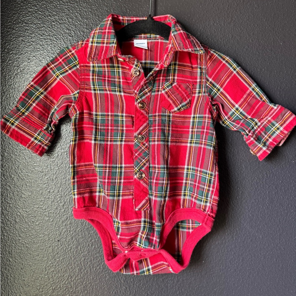 Old Navy Red Green Plaid Button-Up Onesie